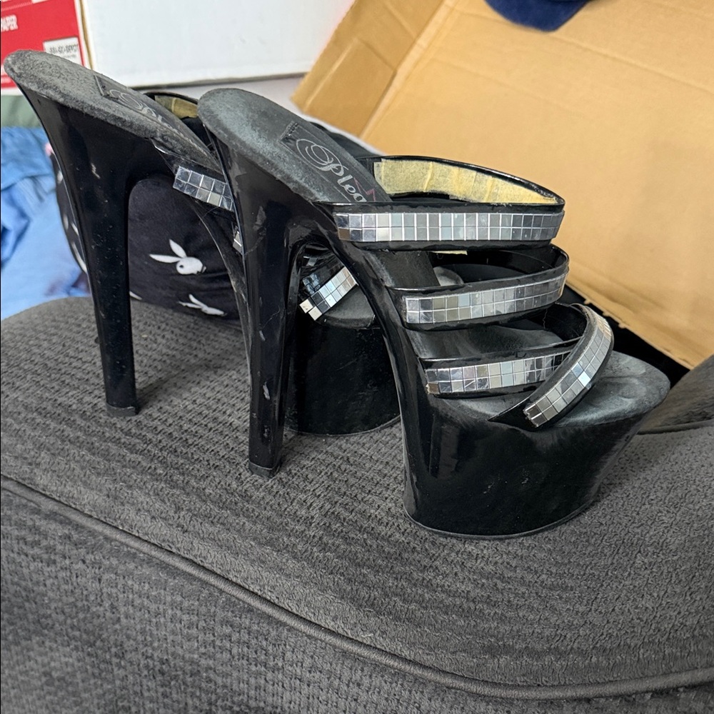 Pleaser Black Platform Heels with Silver Accents